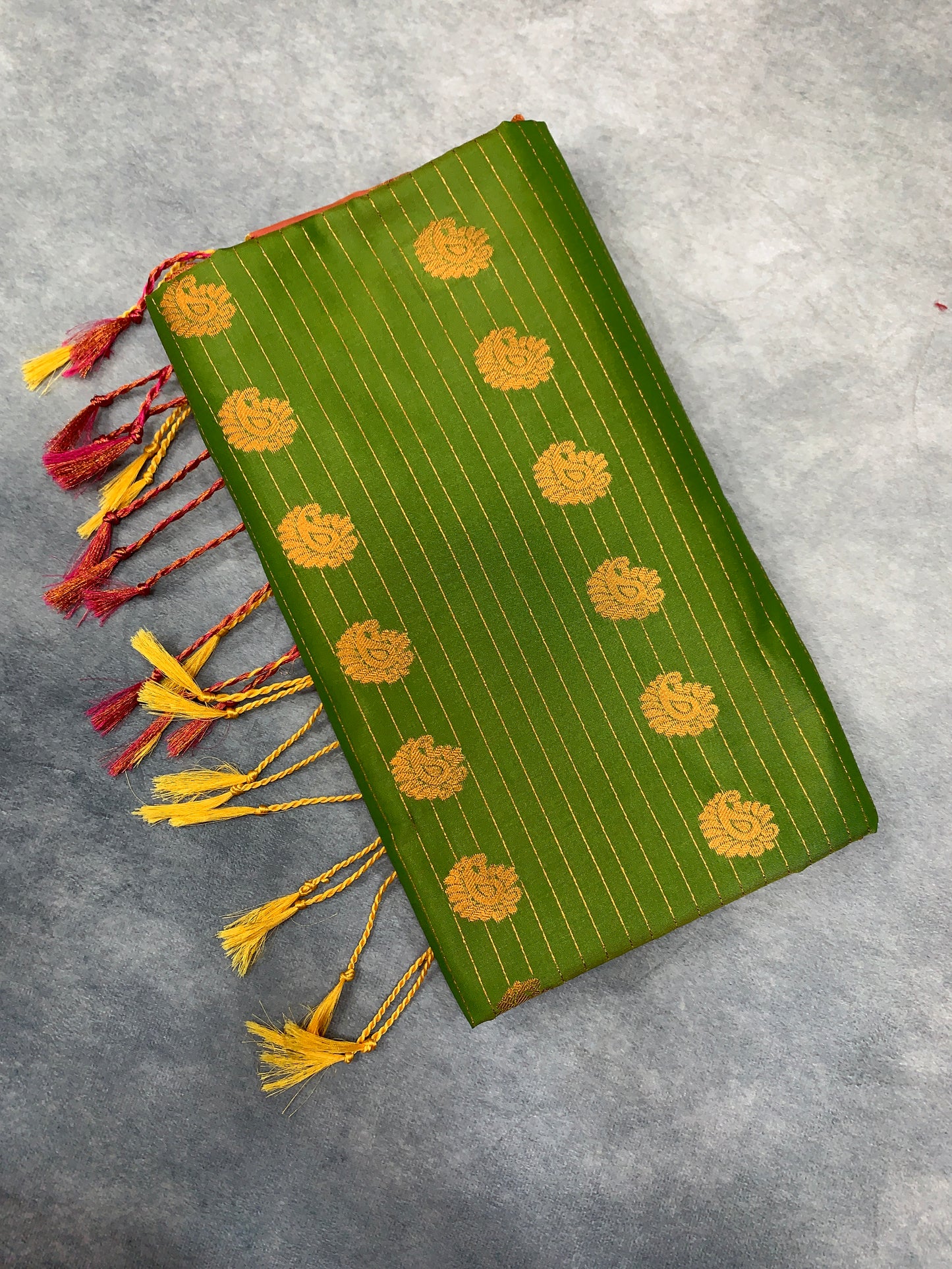 Soft Vegan Silk Saree Olive Green Colour with Light Peach and Copper Border