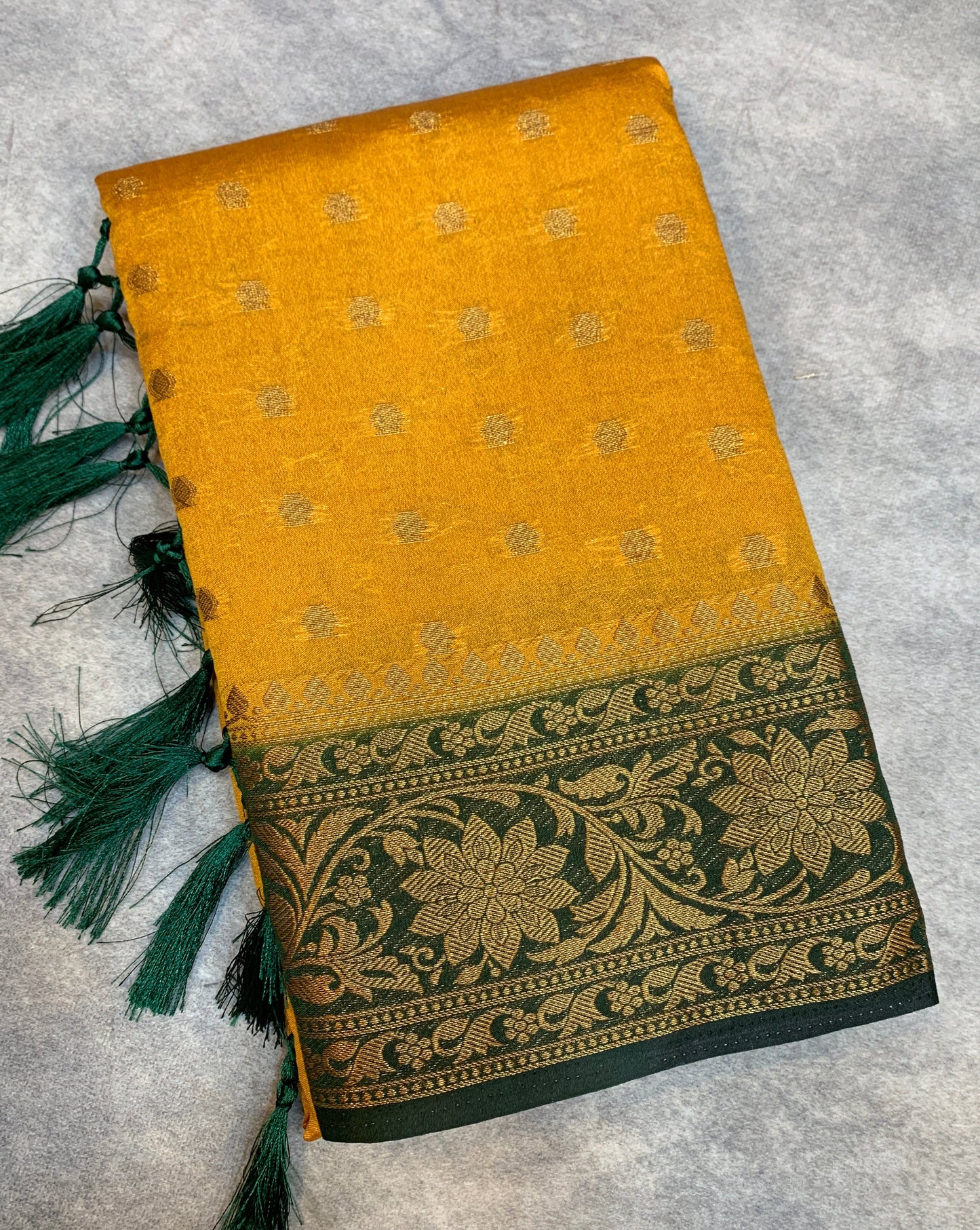 Crepe Saree Mustard Colour with Green Border