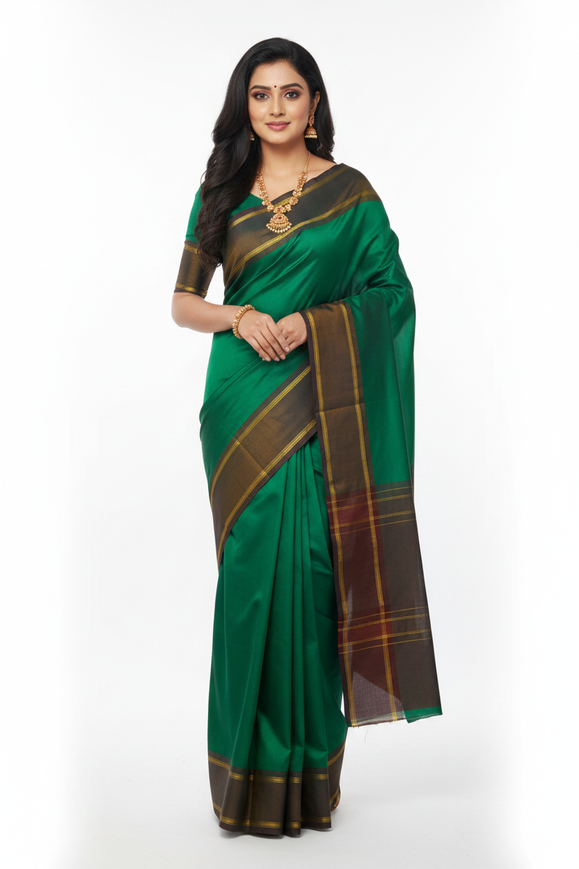 Arani Silk Saree Green Colour with Wine Maroon and Golden Border