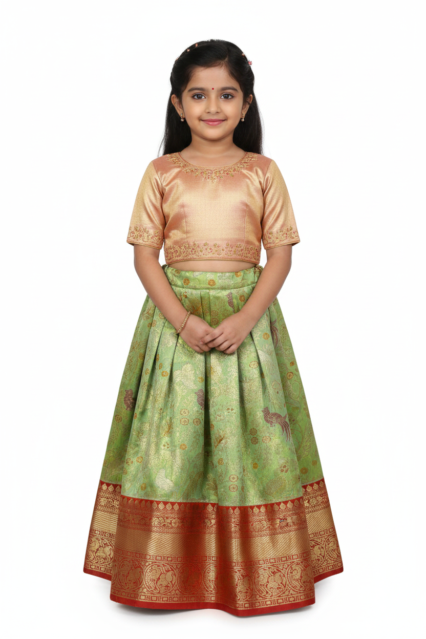 Apple Green Shade Vegan Silk Kids Pattu Pavadai with Contrast Border for Newborn to 2 Years