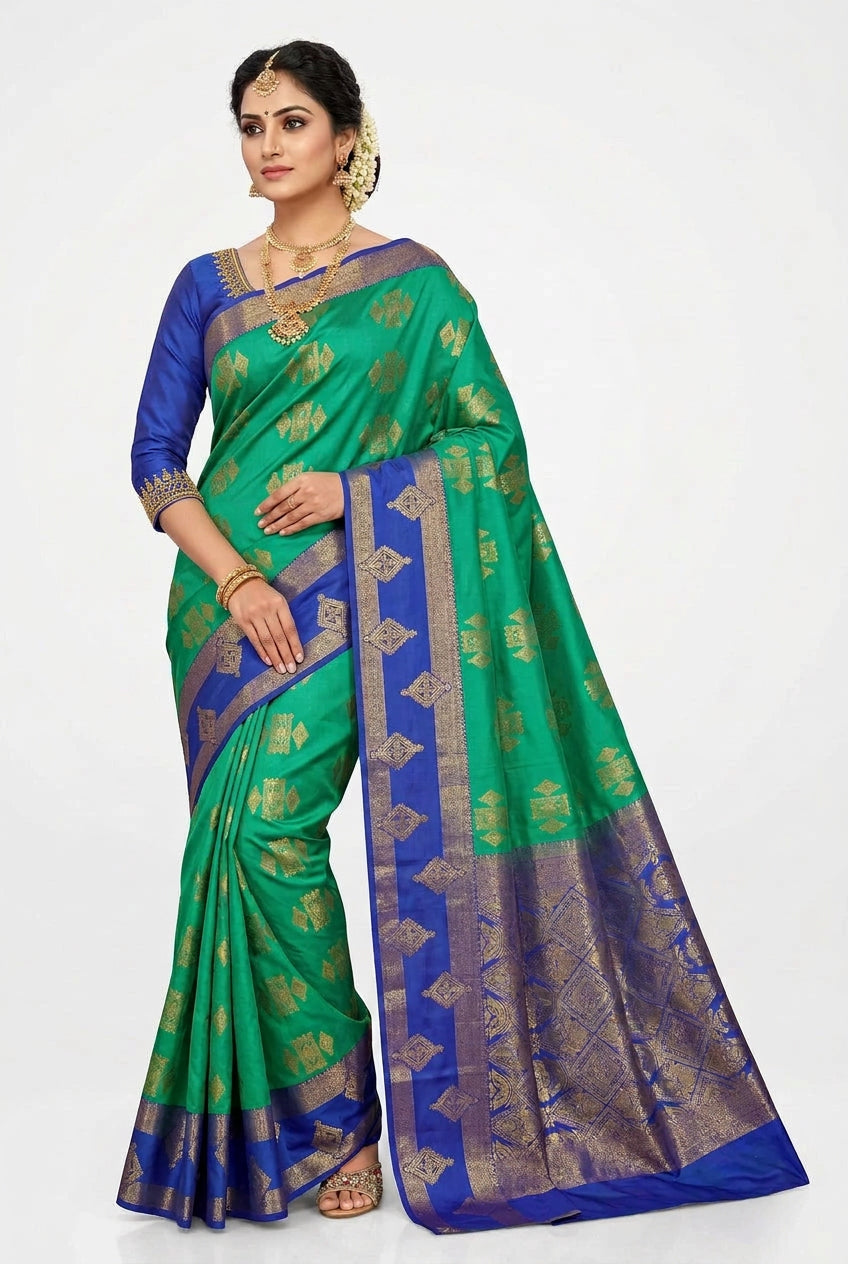 Soft Silk Casual Saree Light Green Colour with Rettai Pettu Blue Colour Border