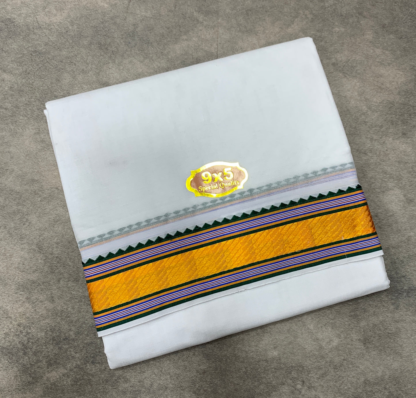 9X5 Cotton Dhoti White Colour with Blue and Yellow Border with Angavastarm