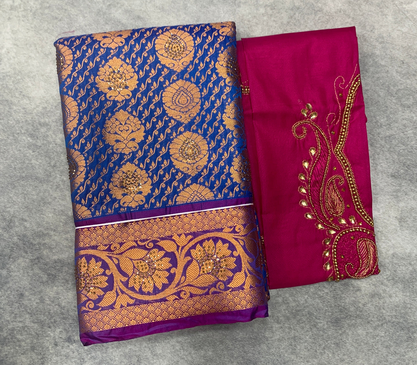 Bridal Vegan Silk Saree Blue shade with Purple Border with Unstitched blouse in Aari Work