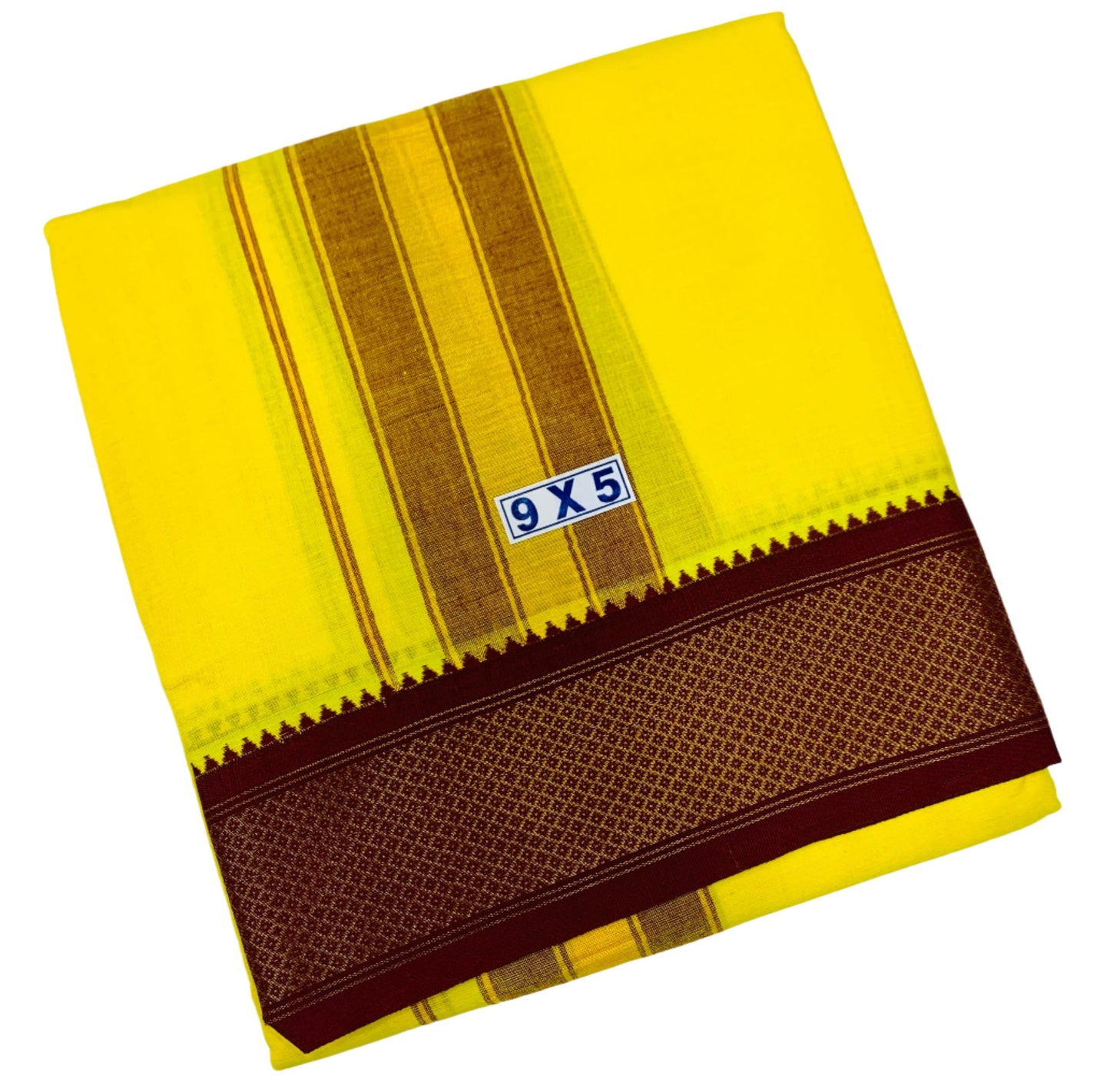 9X5 Cotton Dhoti Yellow Colour with Brown and Green Border