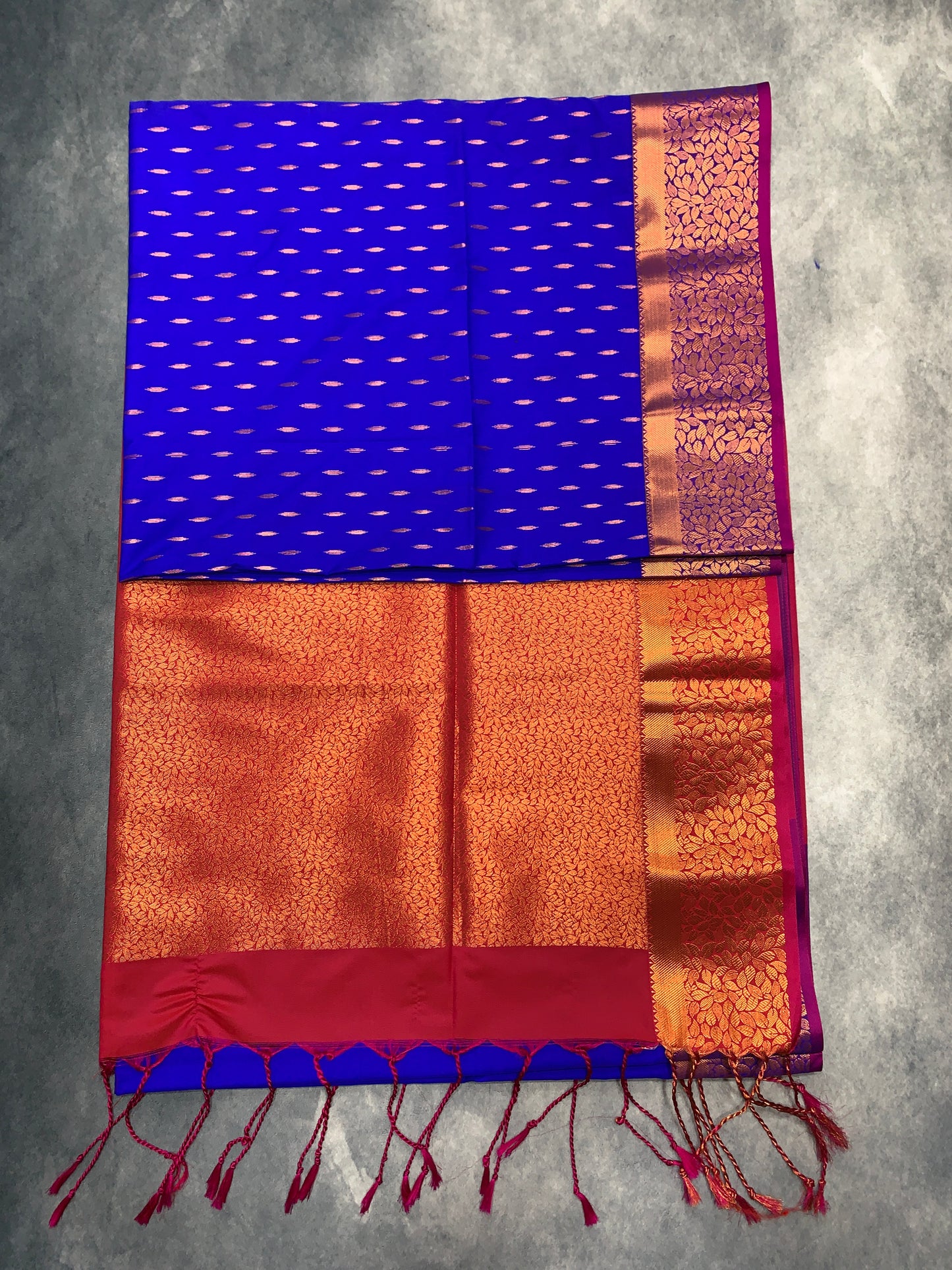 Soft Vegan Silk Saree Blue Colour with Pink and Copper Border