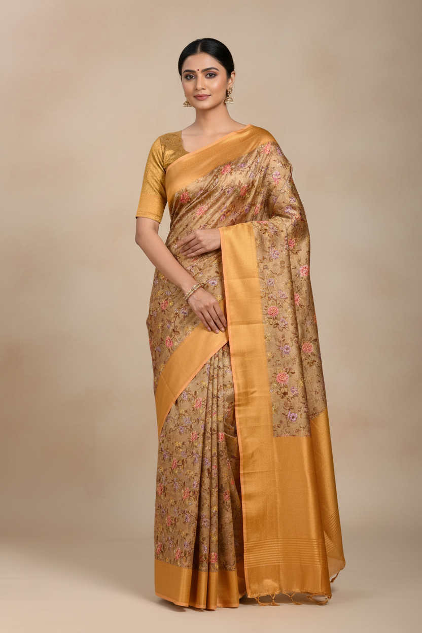 Digital Print Silk Saree Brown Colour with Floral Design