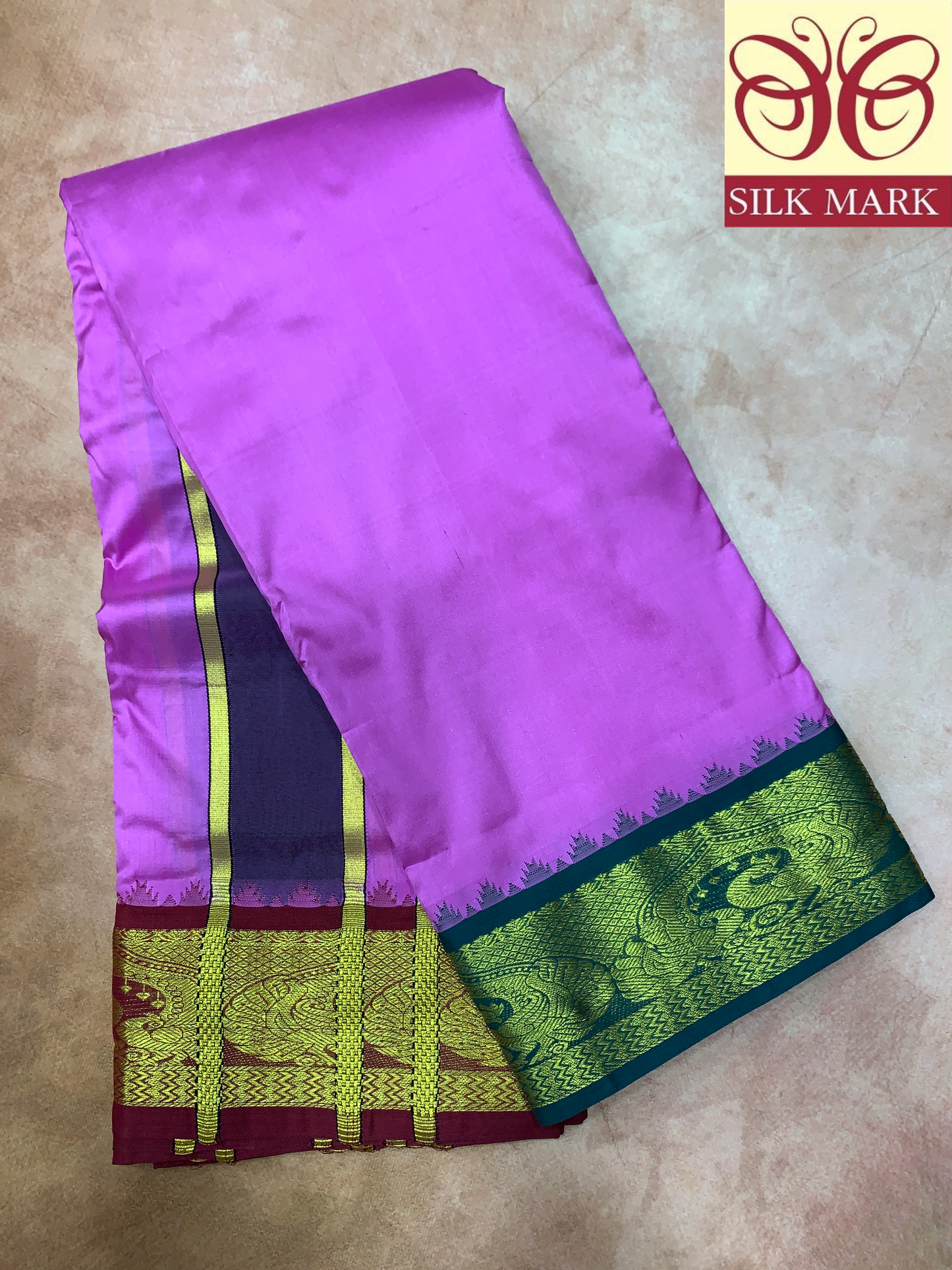 9X5 Pure Silk Dhoti Magenta Colour with Green and Maroon Ganga Jamuna Border
