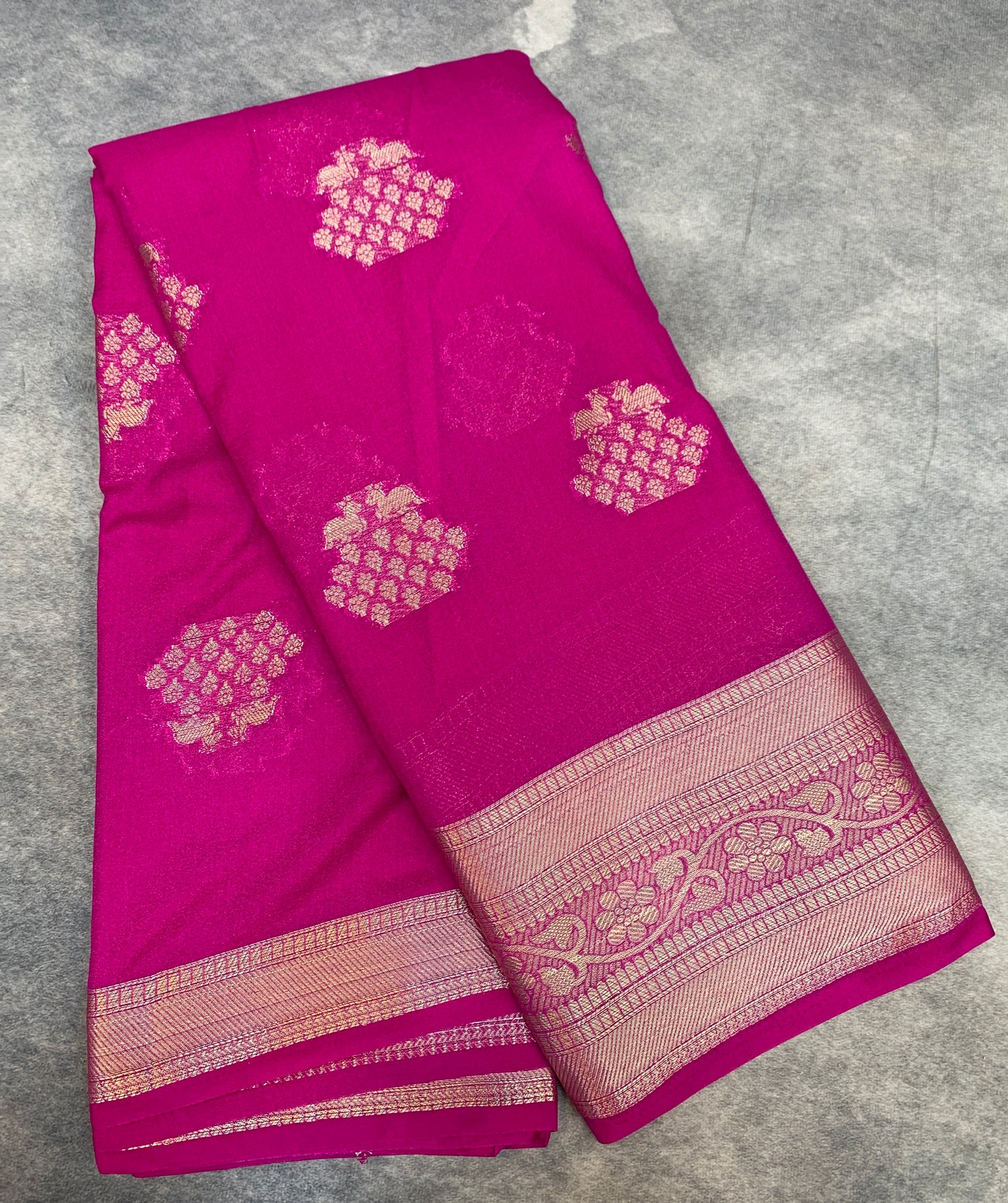 Crepe Saree Pink Colour with Sliver Zari work Border