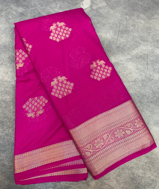 Crepe Saree Pink Colour with Sliver Zari work Border