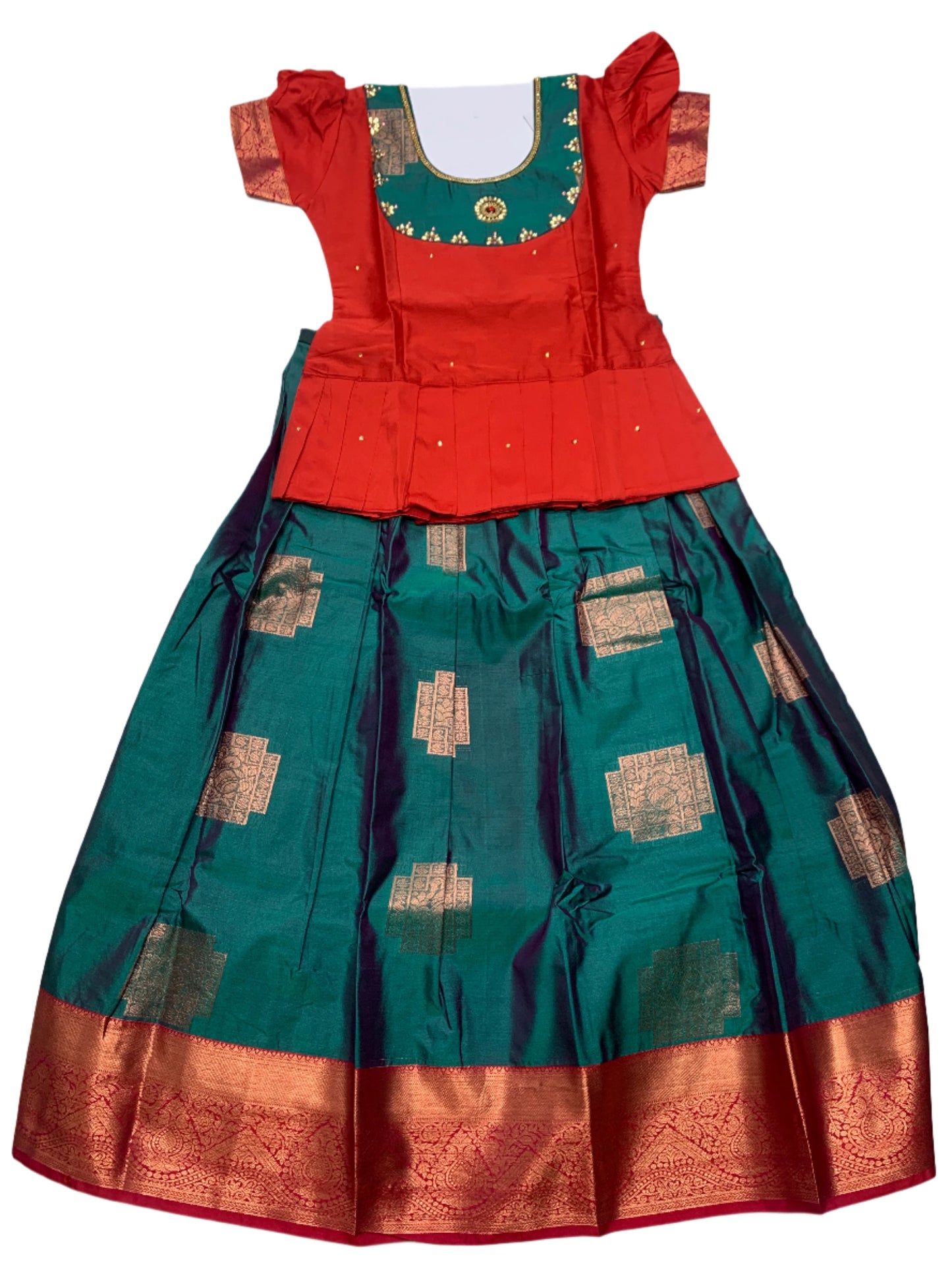 Ready To Wear Peacock Green Pavadai with Contrast Red and Green Blouse