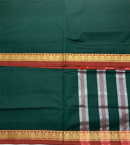 Chettinad Cotton Saree Dark Green Colour with Maroon Border