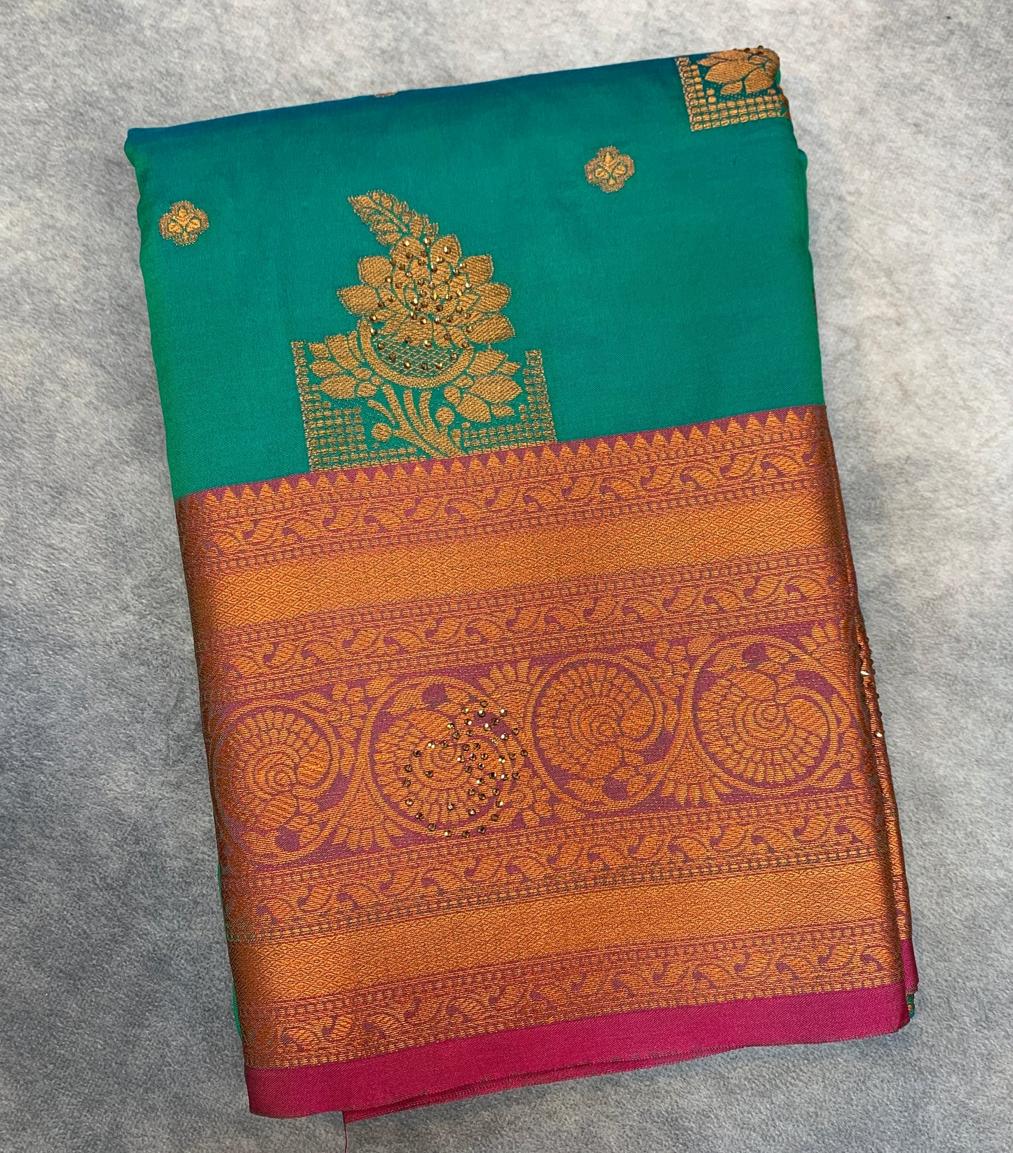 Soft Silk Casual Saree Rama Green Colour with Pink and Golden Colour Border