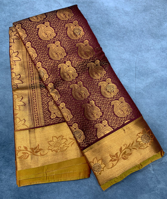 Vegan Silk Saree Brown Colour with Copper and Golden Yellow Border