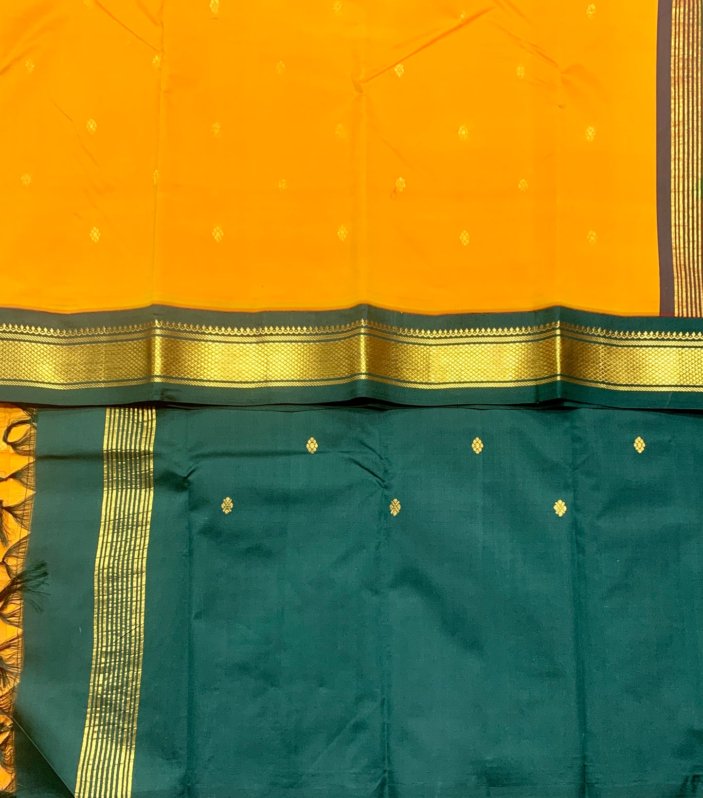 Semi Silk Saree Yellow Colour with Green Colour Border-(One Side Border)