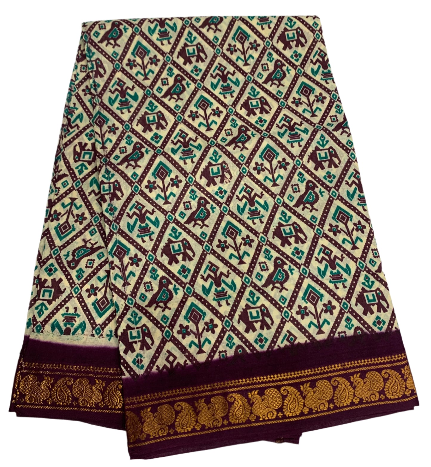 Chettinad Sungudi Cotton Cream Colour with Brown Colour Border