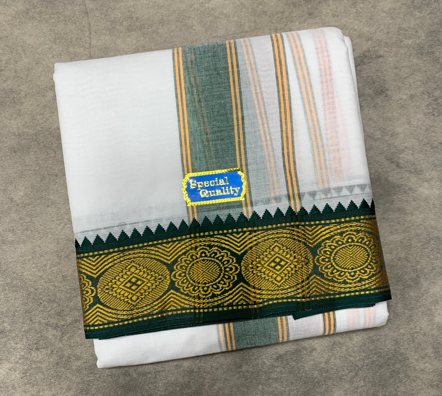 9X5 Cotton Dhoti White Colour with Green and Brown Border with Angavastarm
