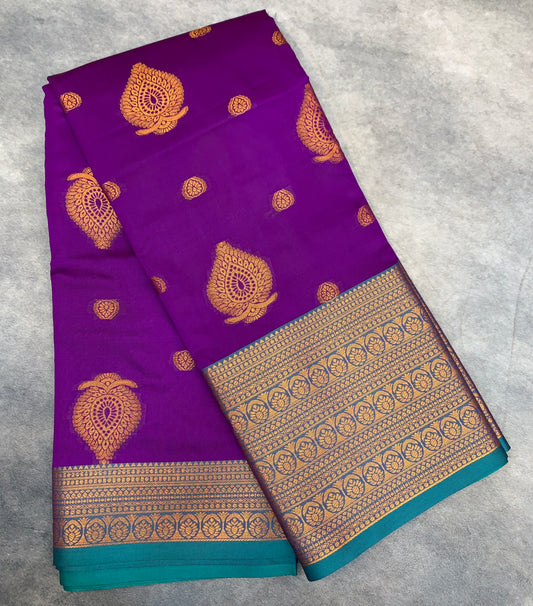 Soft Silk Casual Saree Purple Colour with Rama Green and Golden Colour Border