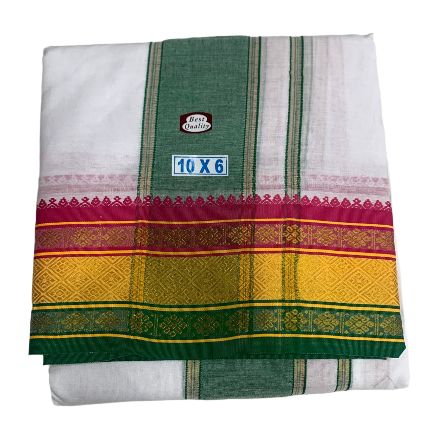 10X6 Cotton Dhoti White Colour with Yellow and Light Green,Pink Border