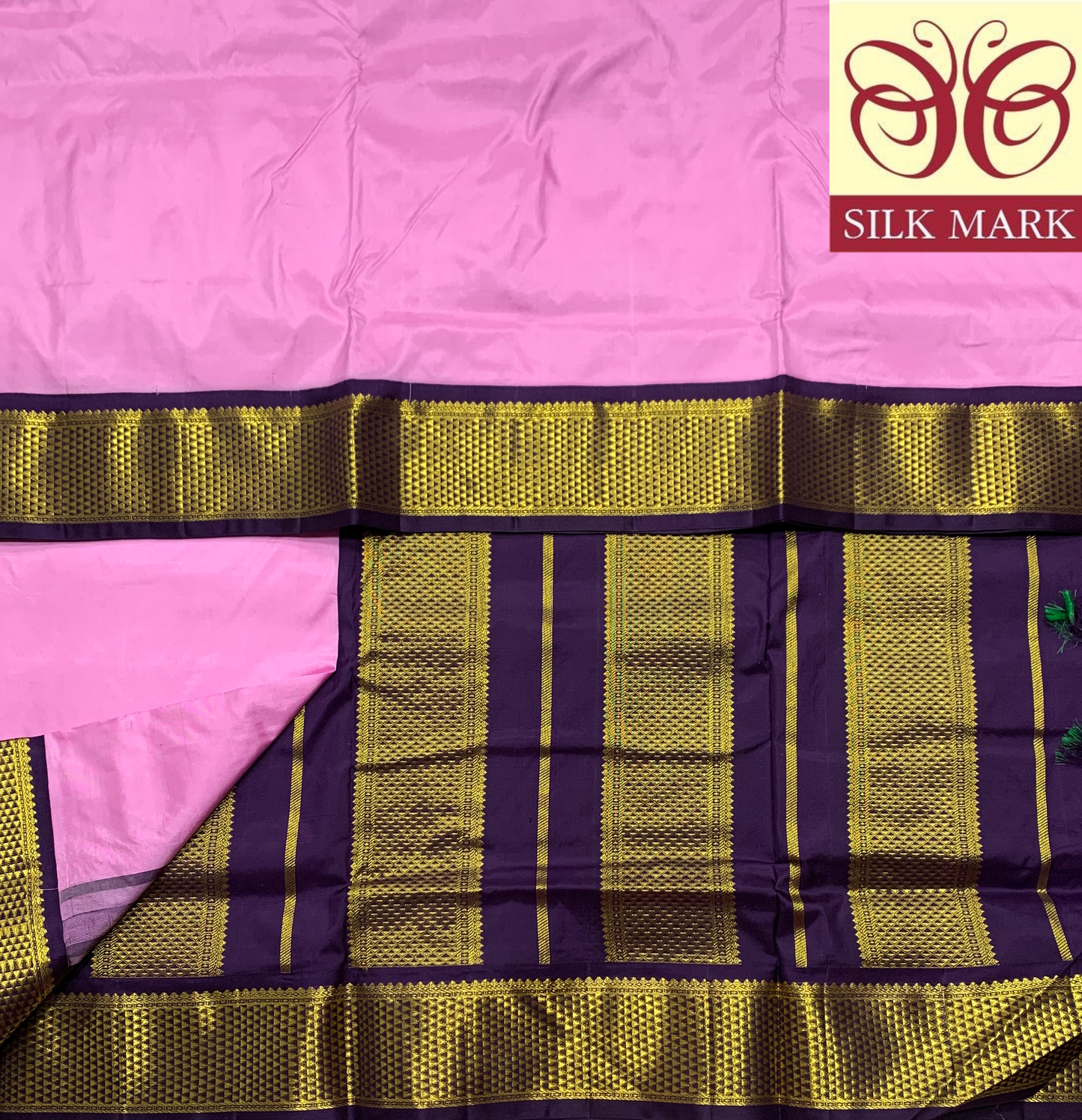 9 yards Pure Kanchipuram Silk Saree Baby Pink Colour with Violet and Zari Border