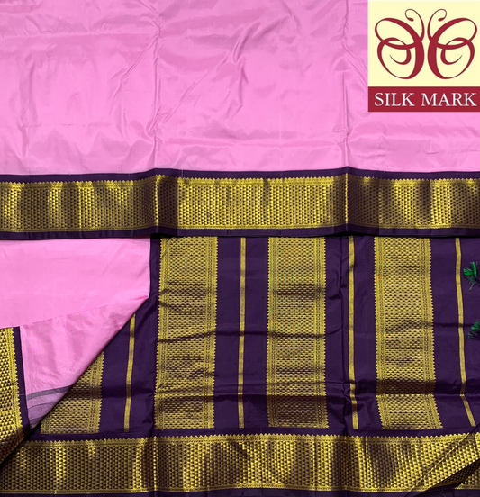 9 yards Pure Kanchipuram Silk Saree Baby Pink Colour with Dark Magenta and Zari Border