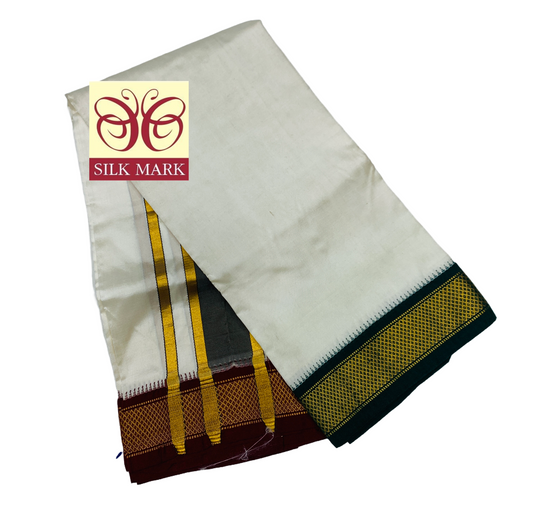 4 Mulam Pure Silk Dhoti White with Green and Maroon Zari Border
