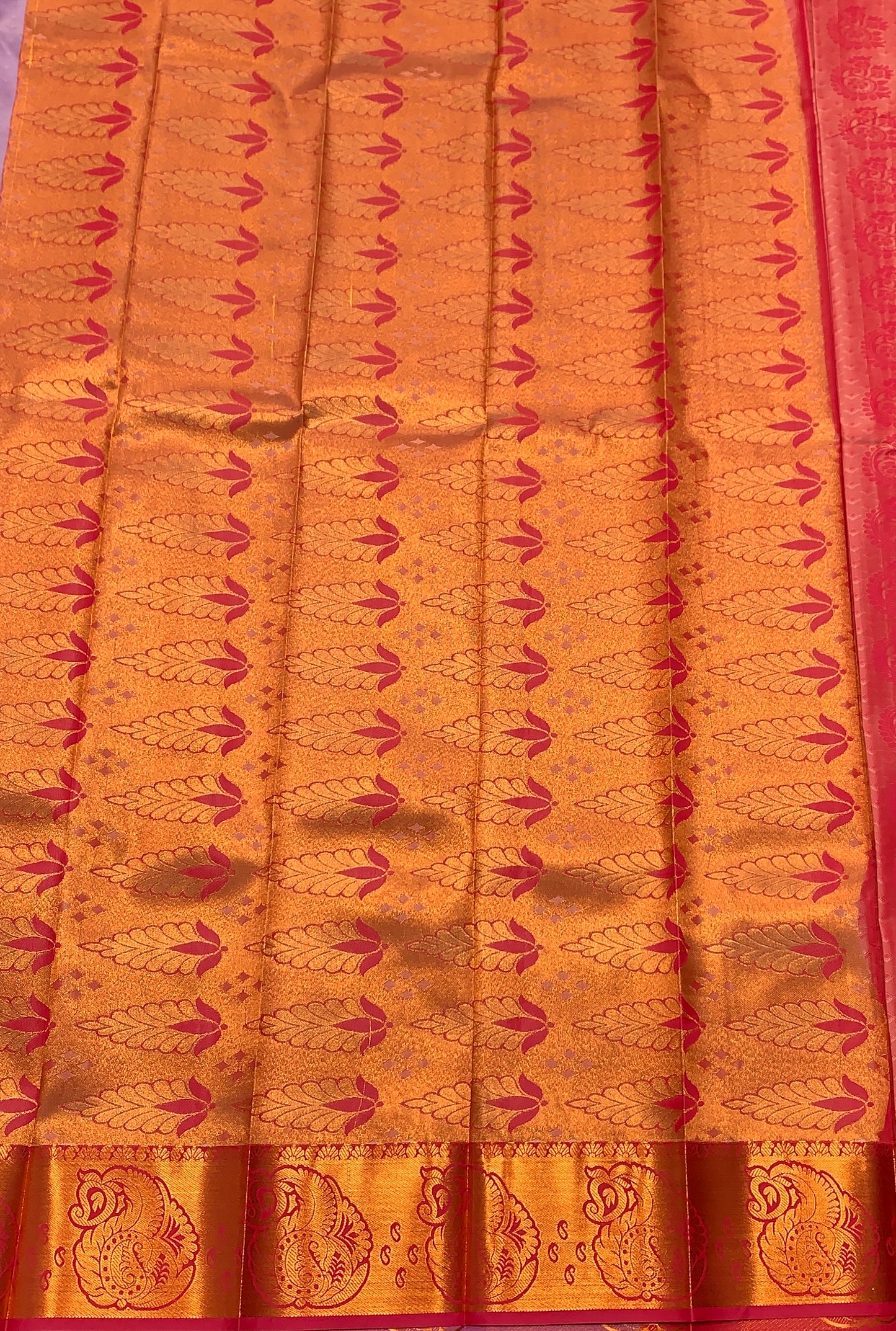 Vegan Silk Saree Lavender Colour Saree with Copper and Pink Border
