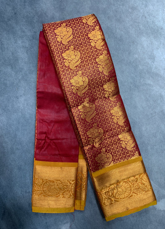 Vegan Silk Saree Maroon Colour with Copper and Golden Yellow Border