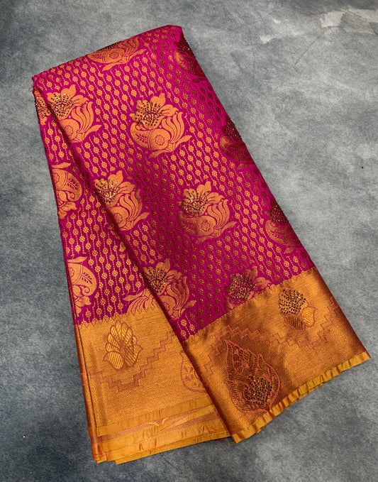 Vegan Silk Saree Pink Colour with Copper and Golden Yellow Border