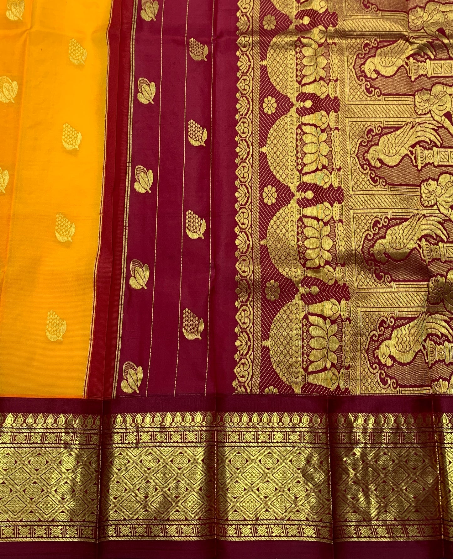Pure Kanchipuram Silk Saree Mango Yellow Colour with Maroon and Gold Zari Border