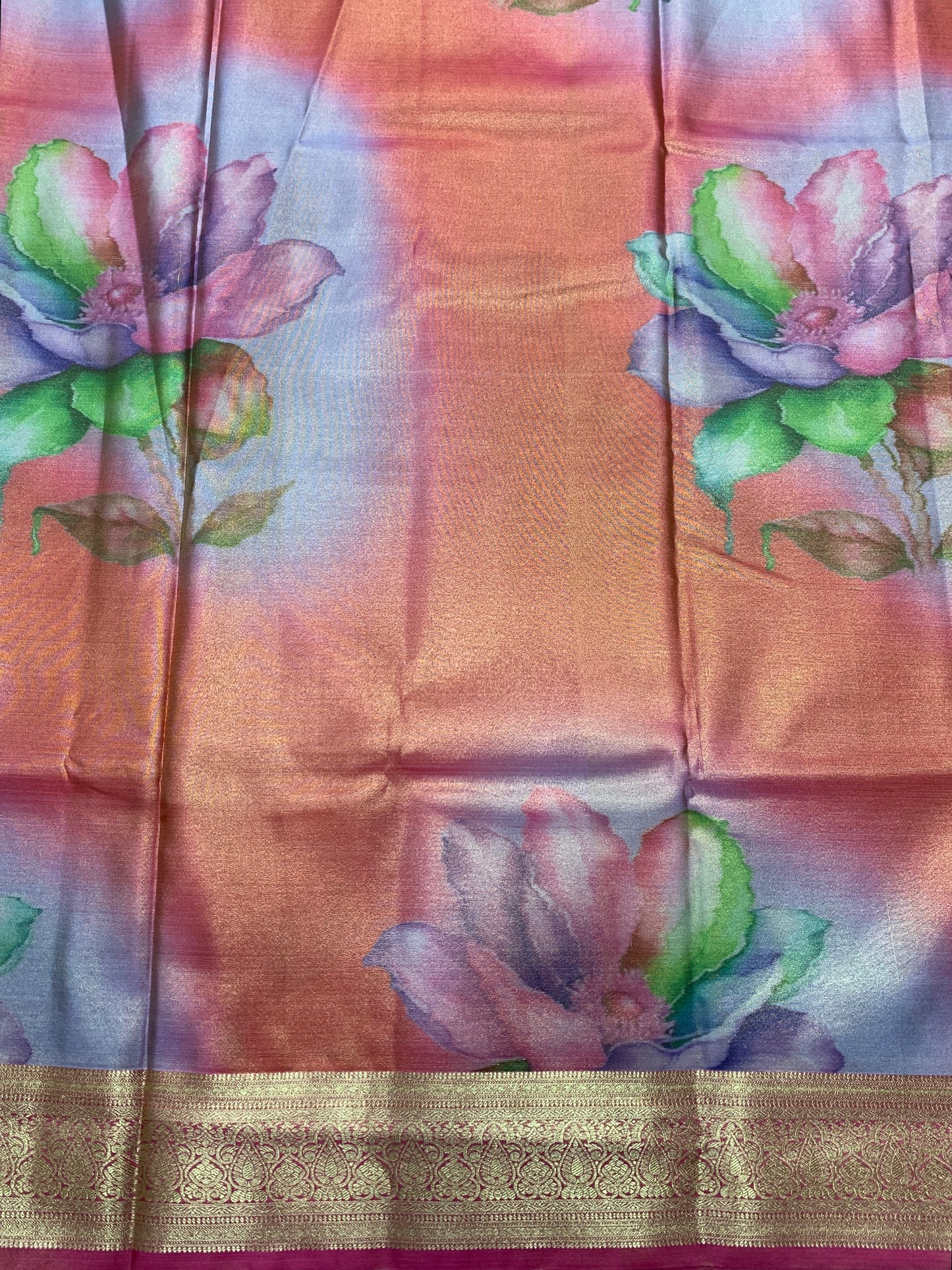 Fancy Tissue Saree Orange Colour with Golden Border