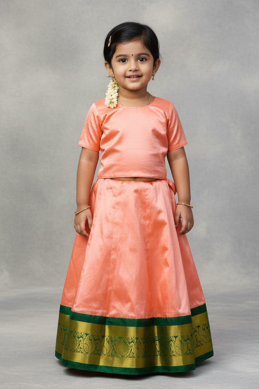 Peach Shade Pure Kanchipuram Kids Pattu Pavadai with Contrast Border for age 2 to 5