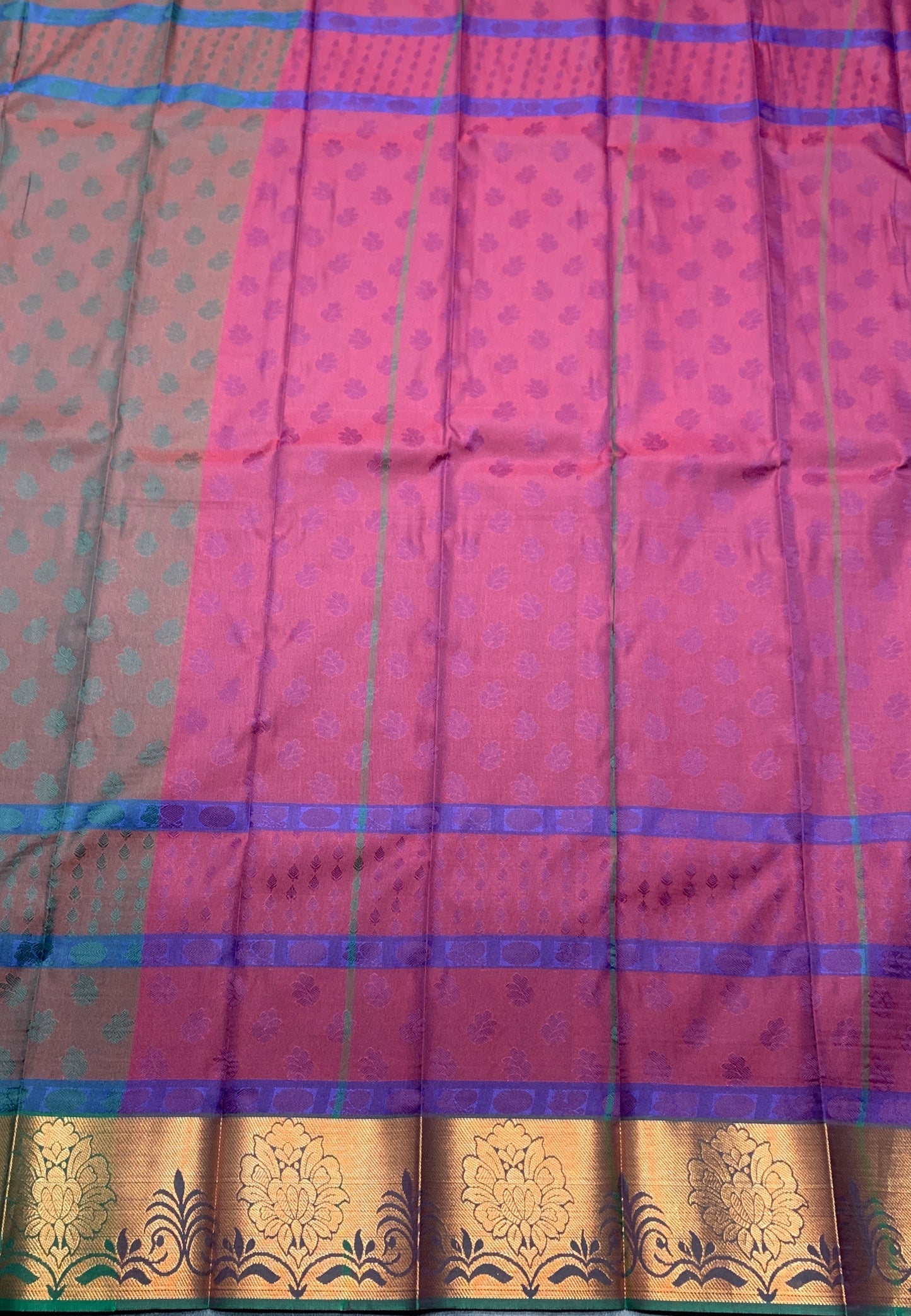 Synthetic Cotton Saree Dark Brown Colour with Golden Floral Design Border