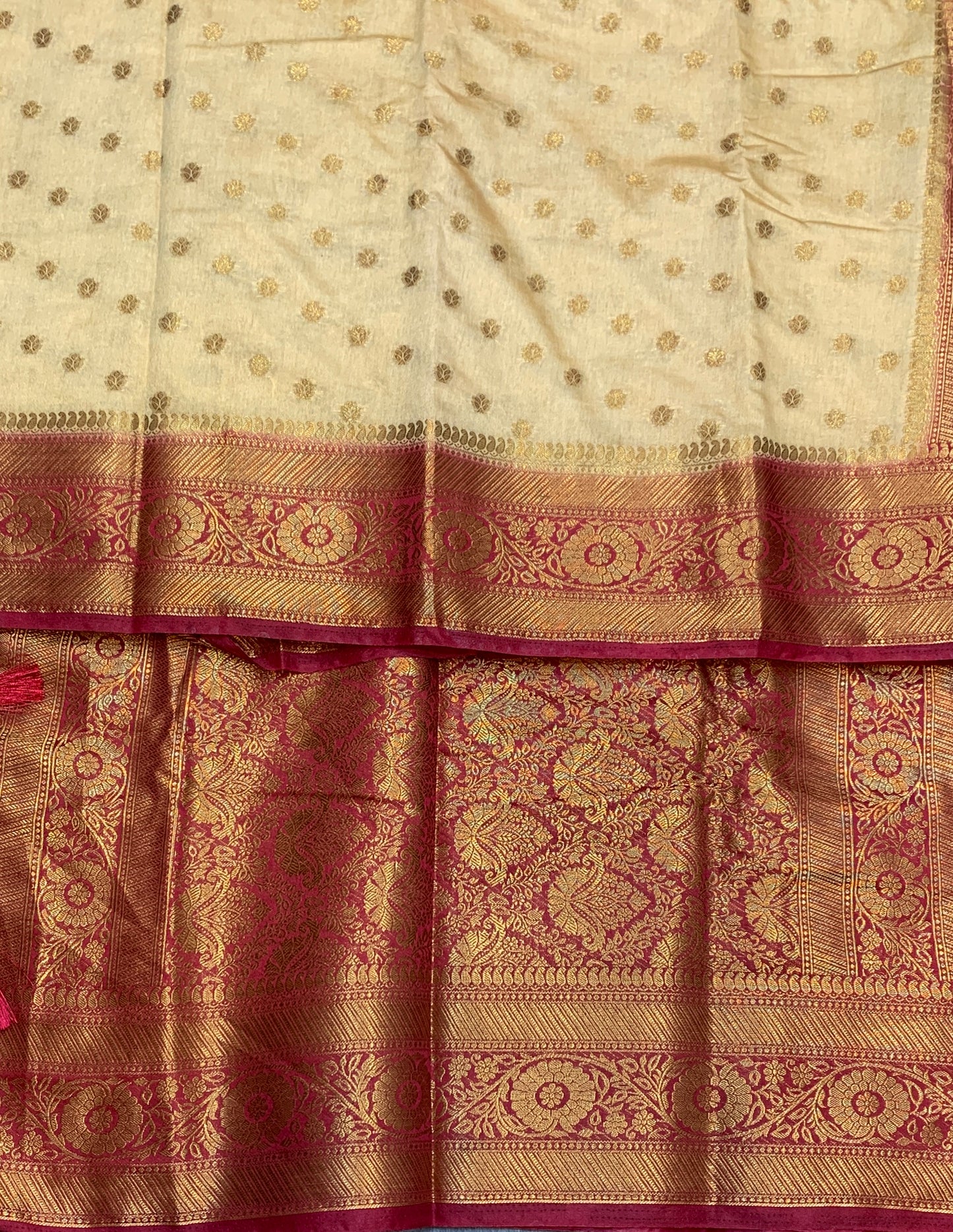 Crepe Saree Sandal Colour with Maroon Border