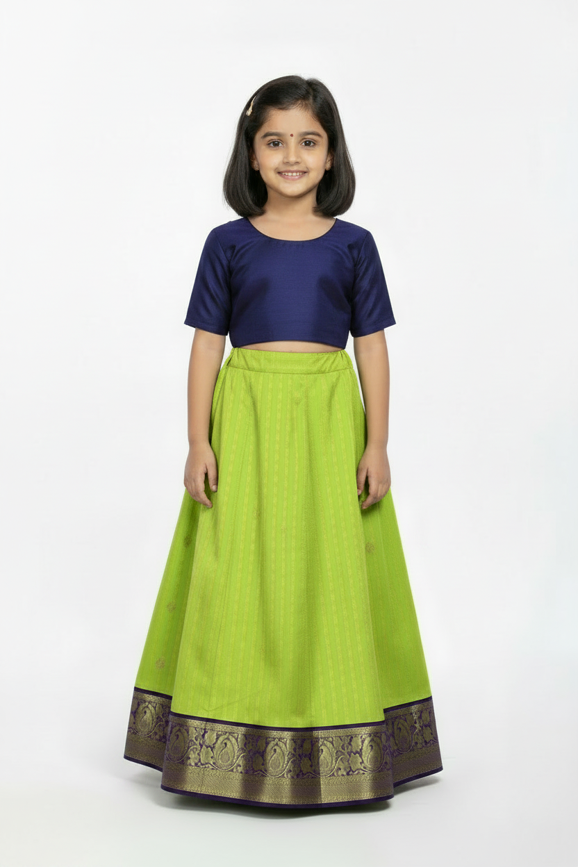 Lime Green shade Pure Kanchipuram Kids Pattu Pavadai with Contrast Border for age 5 to 10