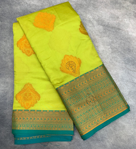 Soft Silk Casual Saree Apple Green Colour with Rama Green and Golden Colour Border