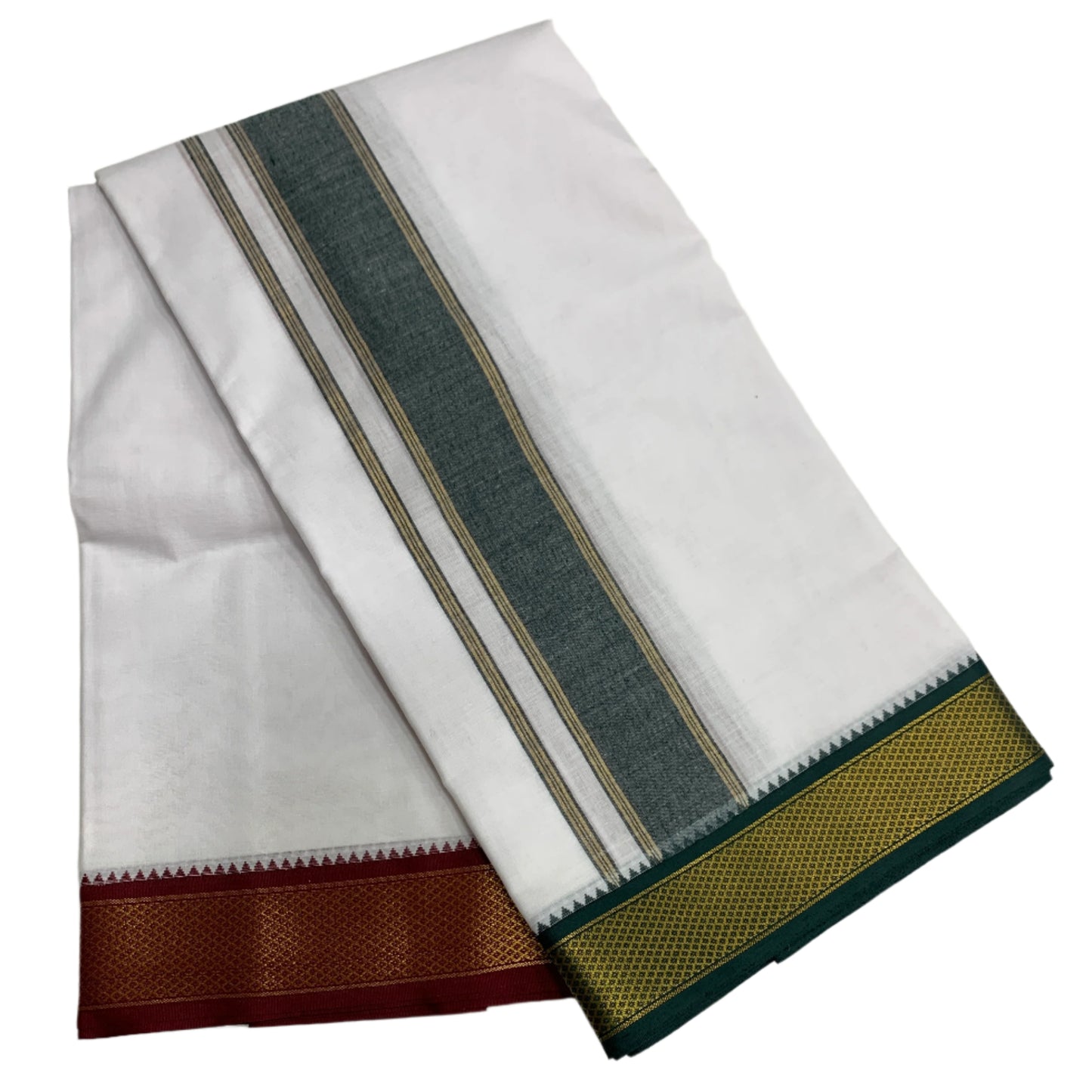 9X5 Cotton Dhoti White Green and Maroon Zari Border with Angavastram