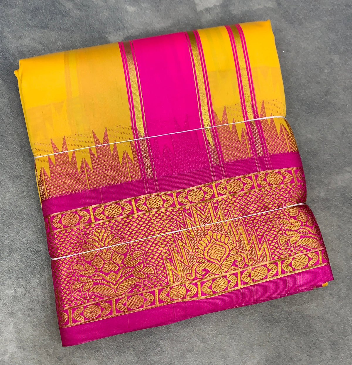 Art Silk Dhothi 9X5 Yellow Colour with Pink and Blue Colour Ganga Jamuna Border