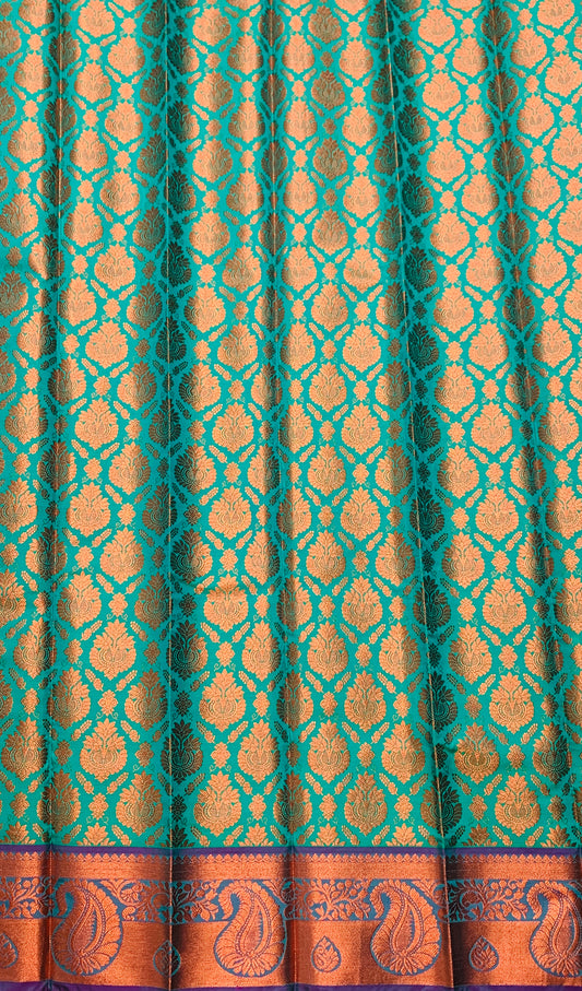 Vegan Silk Saree Green Colour with Copper and Magenta Border