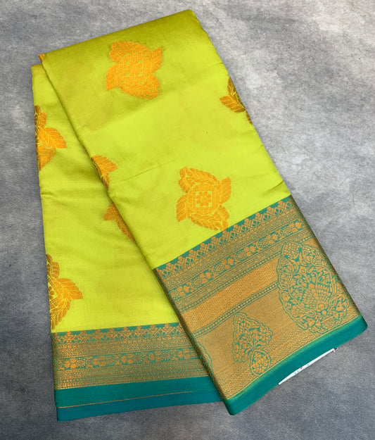 Soft Silk Casual Saree Apple Green Colour with Rama Green and Golden Colour Border
