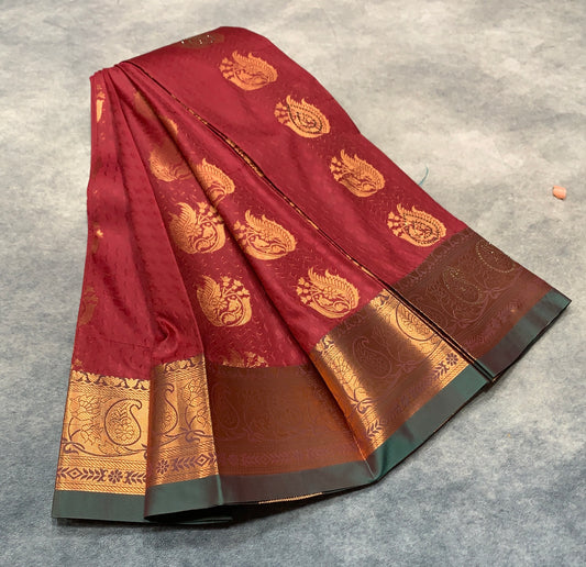 Vegan Silk Saree Maroon Colour with Copper and Green Floral Design Border