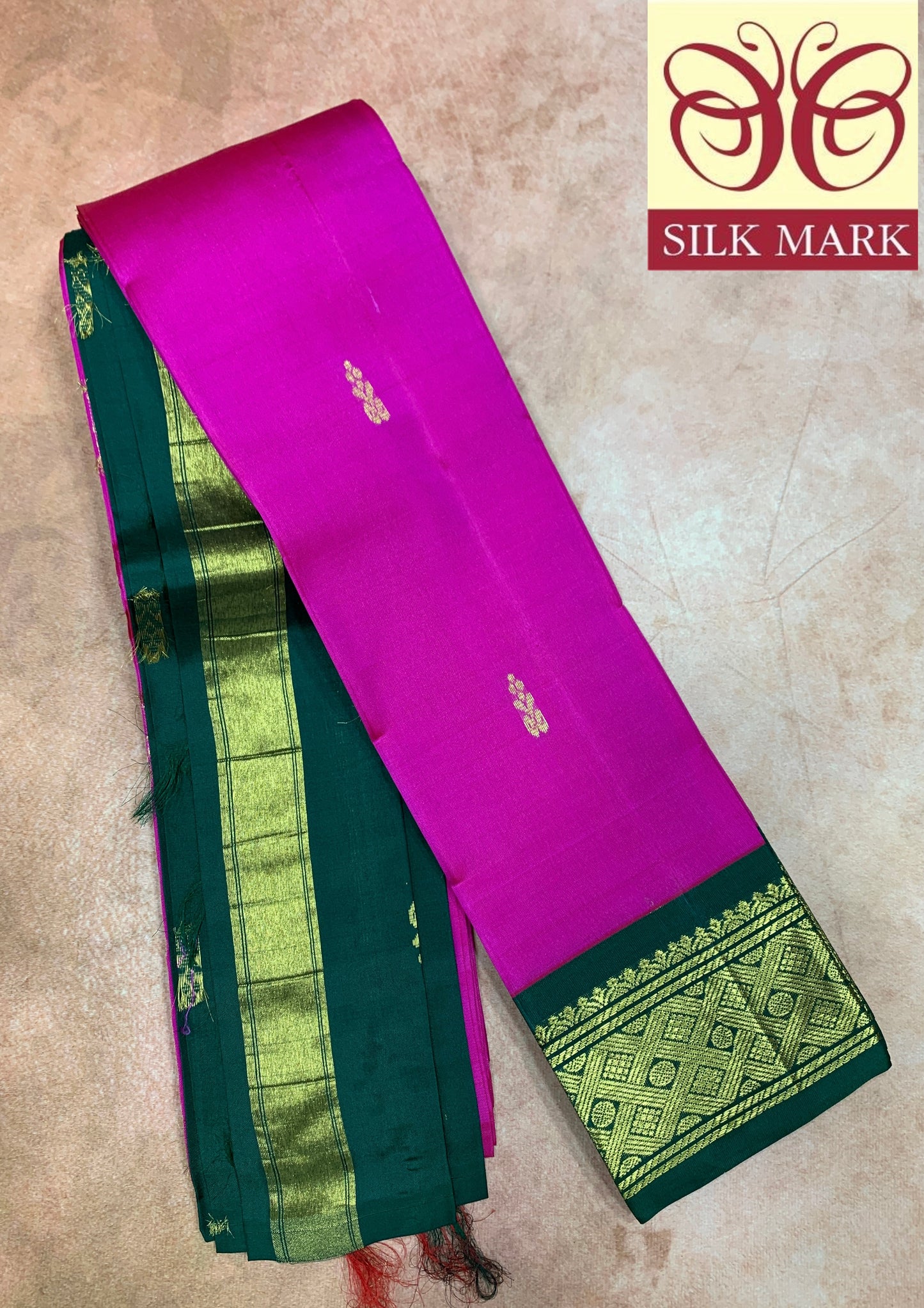 Pure Kanchipuram Silk Saree Pink Colour with Green and Gold Zari Border
