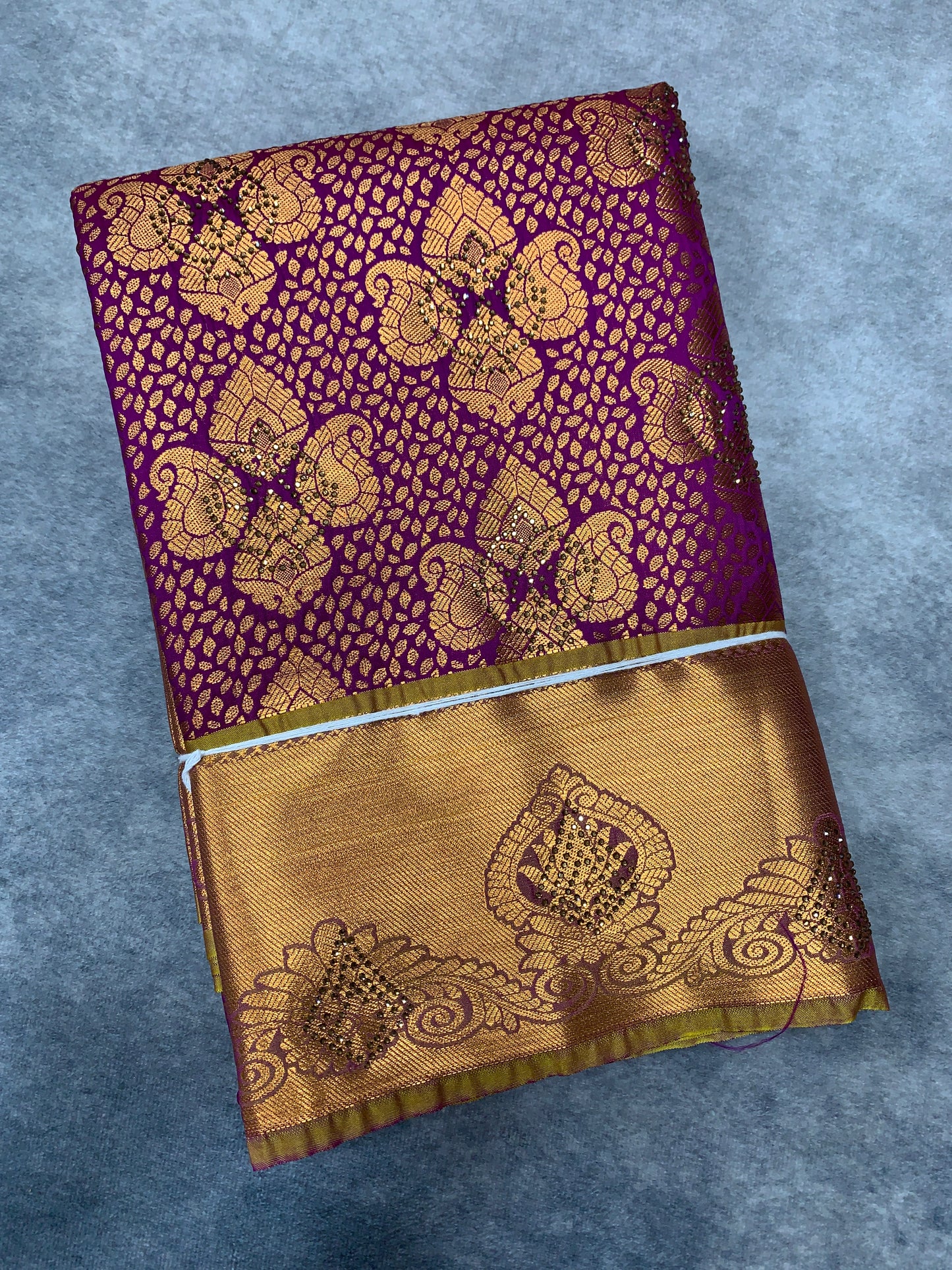 Vegan Silk Saree Magenta Colour with Copper and Golden Yellow Border