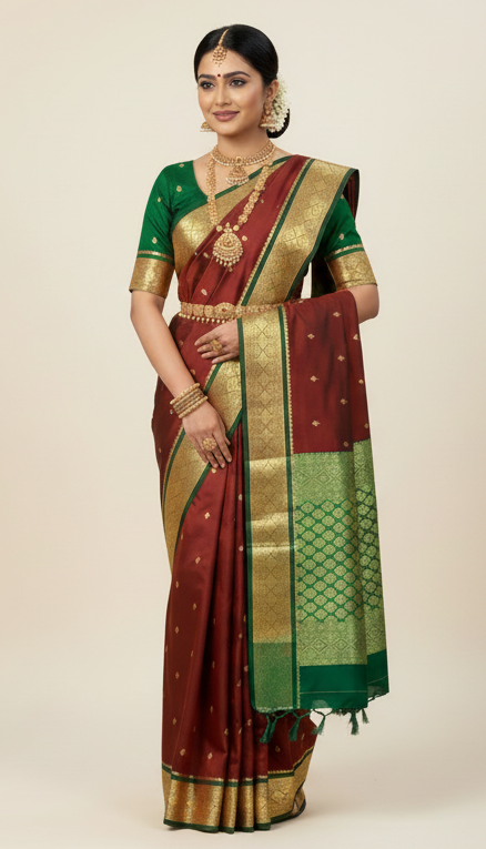 Brown Colour Saree with Golden and Green Border