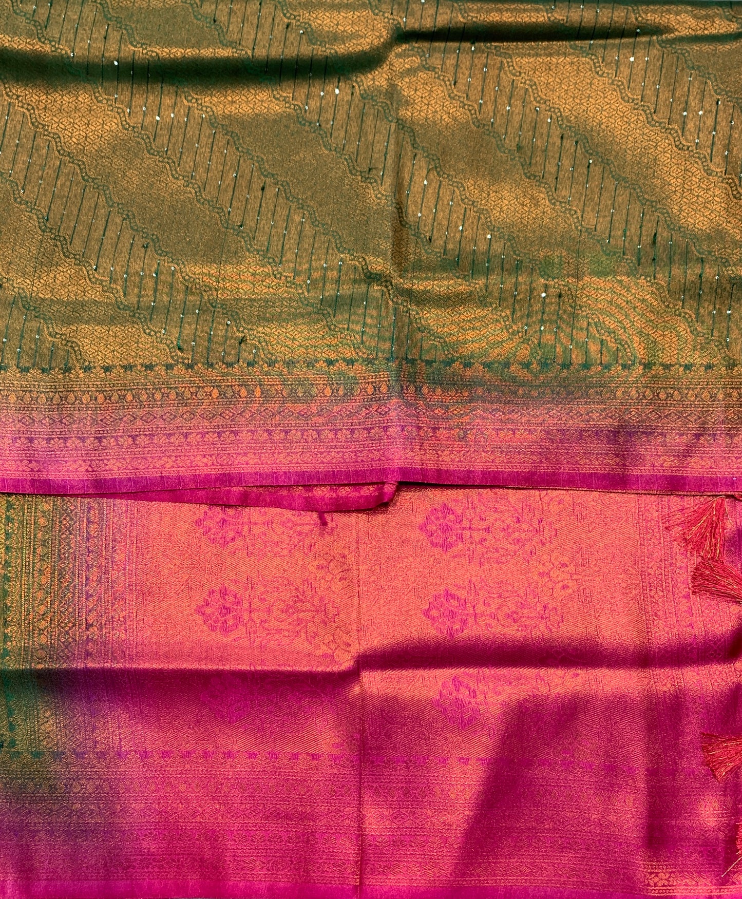 Soft Silk Saree Green Colour and Stone Work with Pink Colour Pallu