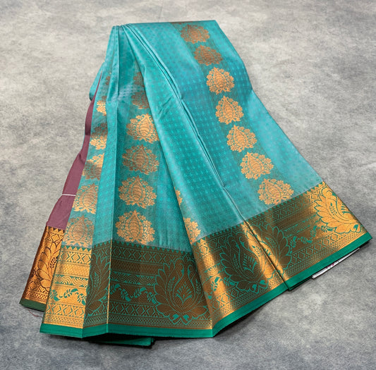 Vegan Silk Saree Sapphire Colour with Light Green and Copper Border
