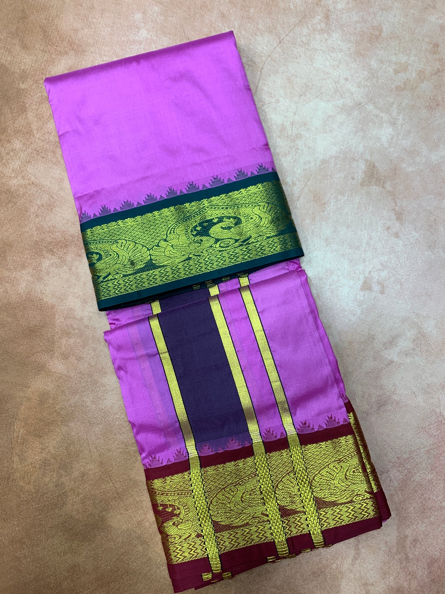 9X5 Pure Silk Dhoti Magenta Colour with Green and Maroon Ganga Jamuna Border