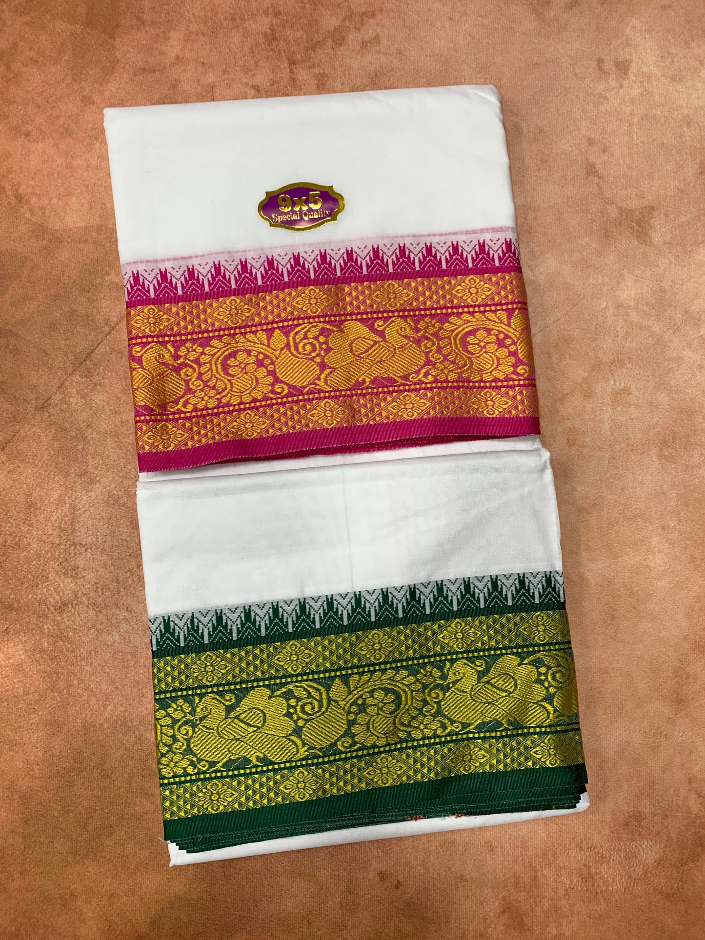 9X5 Cotton Dhoti White with Pink and Green Ganga Jamuna Border