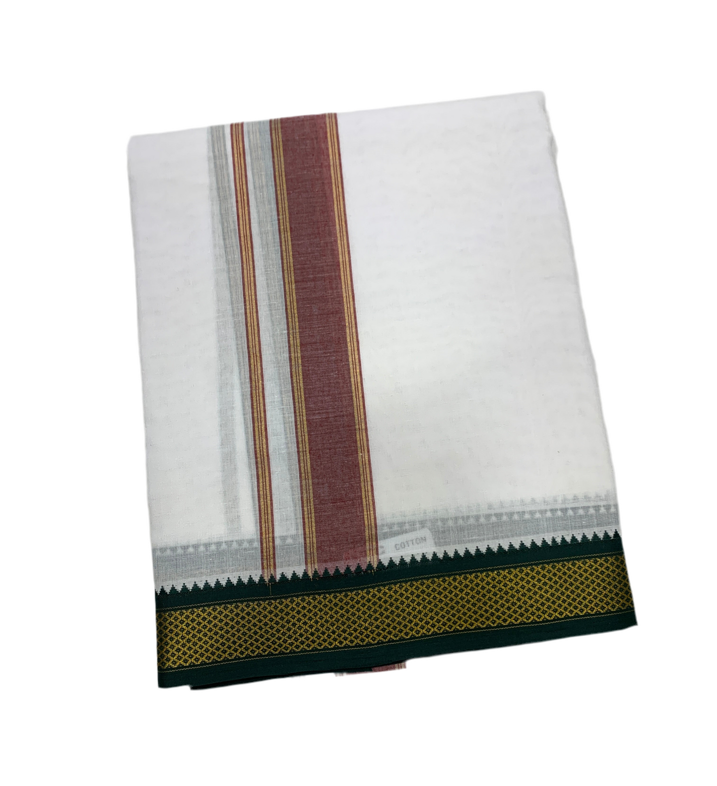 9X5 Cotton Dhoti White Big Green and Maroon Zari Border with Angavastram