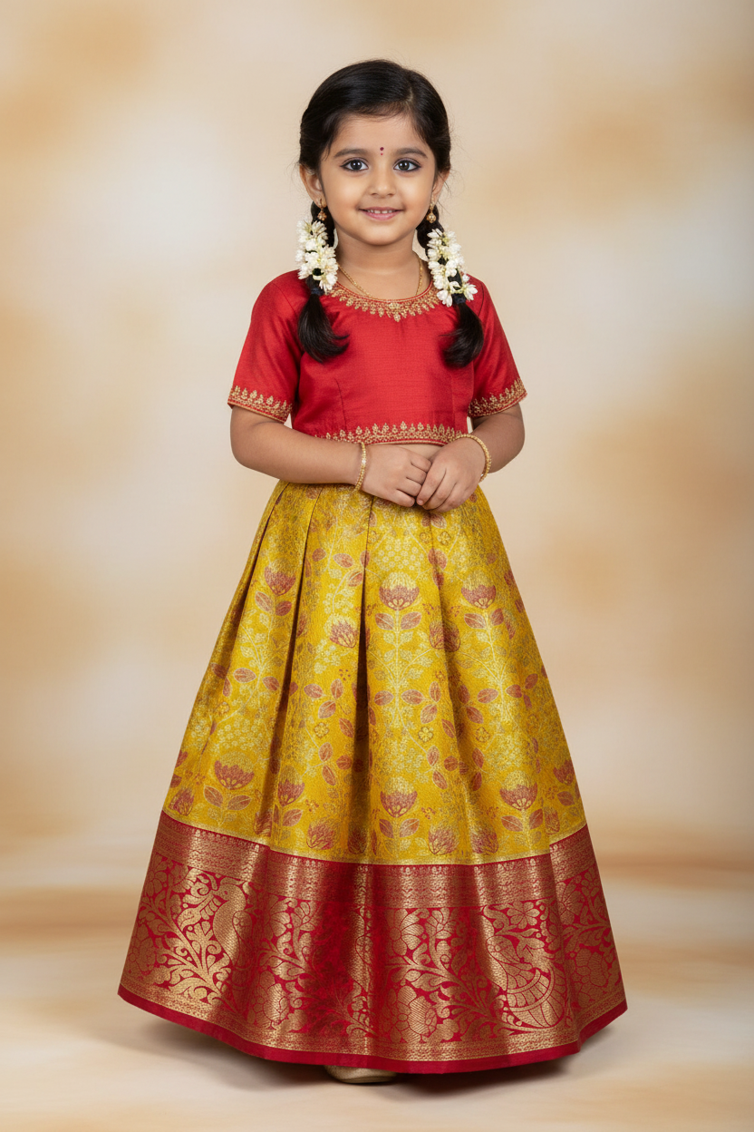 Golden Yellow Shade Vegan Silk Kids Pattu Pavadai with Contrast Border for age 2 to 5
