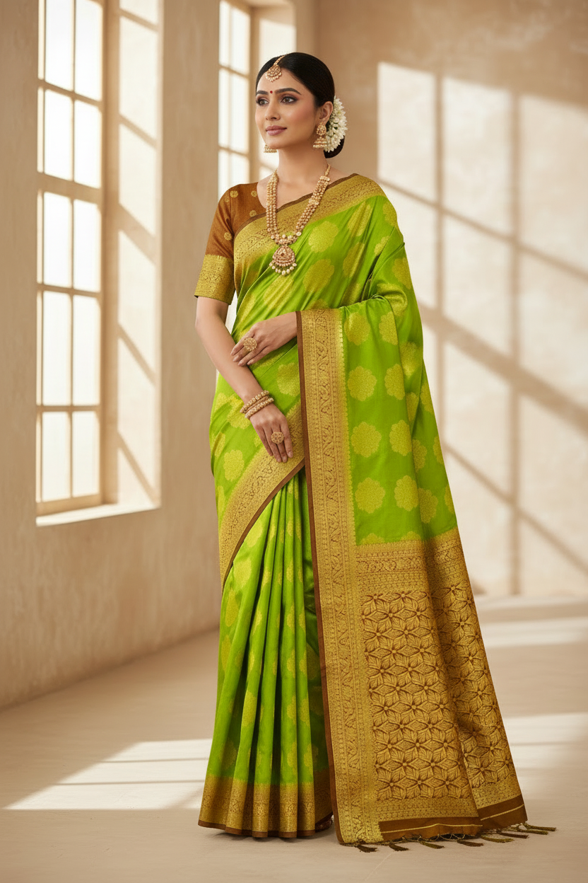 Crepe Saree Olive Green Colour with Brown Border